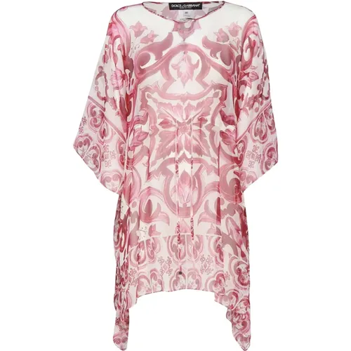 Silk Chiffon Majolica Print Dress , female, Sizes: S - Dolce & Gabbana - Modalova