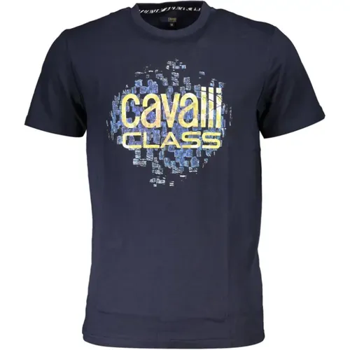 Blaues Baumwoll-T-Shirt mit Print-Logo , Herren, Größe: 2XL - Cavalli Class - Modalova
