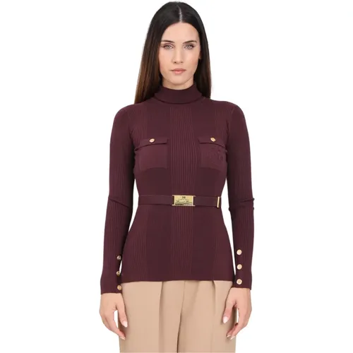 Bordeaux Rollkragenpullover,Kamel Pullover mit Gürtel und Taschen - Elisabetta Franchi - Modalova