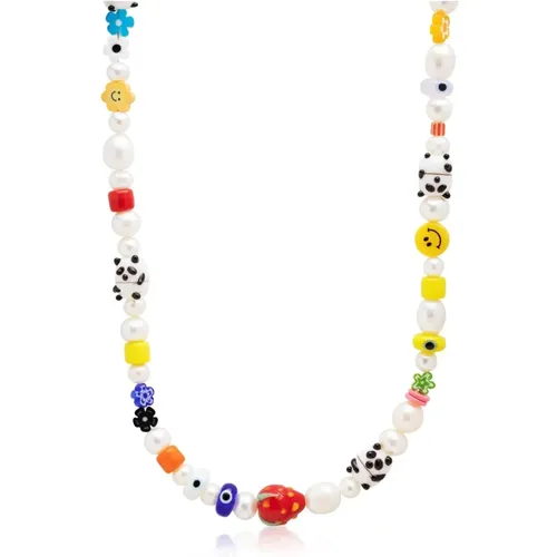 Mens Panda Pearl Choker with Assorted Beads , male, Sizes: S - Nialaya - Modalova