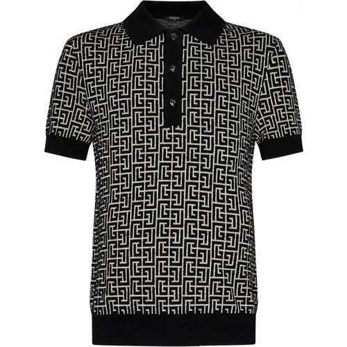 Knit Polo with Monogram Motif , male, Sizes: L - Balmain - Modalova