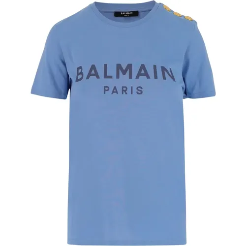 Blaues T-Shirt mit Rundhalsausschnitt - Stilvoll und Bequem , Damen, Größe: XS - Balmain - Modalova