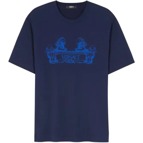Marineblau Klassisches T-Shirt,Dunkelgraues Melange T-Shirt - Versace - Modalova