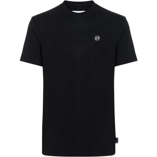 Schwarzes T-Shirt SS Hexagon mit silbernem Logo , Herren, Größe: M - Philipp Plein - Modalova