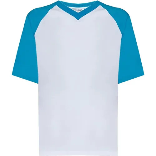 Ribbed V-neck T-shirt with Blue Sleeves , female, Sizes: M, S, L, XS - Victoria Beckham - Modalova