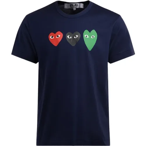 Blaues Baumwoll-T-Shirt mit Multicolor-Herzen , Herren, Größe: M - Comme des Garçons Play - Modalova