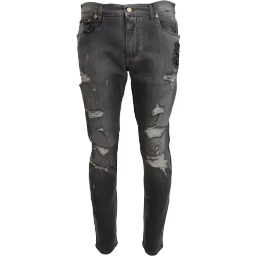 Slim Fit Graue Bestickte Denim Jeans - Dolce & Gabbana - Modalova