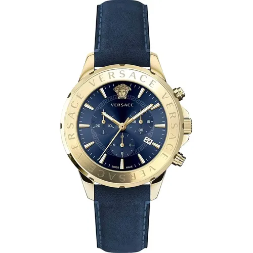 Chrono Signature Blue Leather Gold Steel Watch , male, Sizes: ONE SIZE - Versace - Modalova