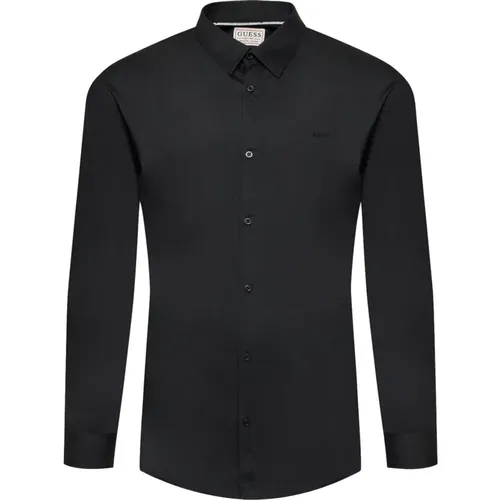 Slim Fit Einfarbiges Hemd - Schwarz , Herren, Größe: L - Guess - Modalova