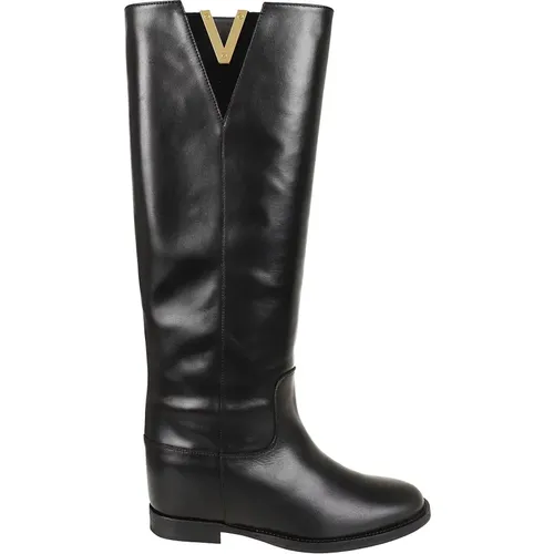 Schwarze Leder Stiefeletten mit Gold Detail , Damen, Größe: 38 EU - Via Roma 15 - Modalova