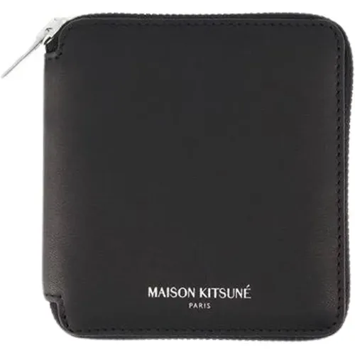 Schwarzes Leder Portemonnaie mit Reißverschluss und Mehreren Fächern - Maison Kitsuné - Modalova