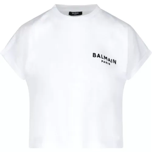 Velvet Logo Cropped T-Shirt , female, Sizes: L - Balmain - Modalova