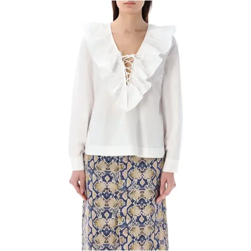 Weiße Rüschen V-Ausschnitt Bluse , Damen, Größe: L - Ganni - Modalova