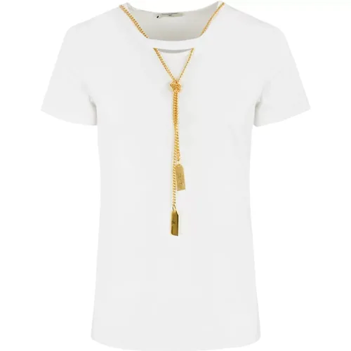 Baumwoll-Jersey Kurzarm Halskette T-Shirt , Damen, Größe: L - Elisabetta Franchi - Modalova