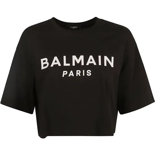 Logo-print Cropped T-Shirt Noir/Blanc , Damen, Größe: XS - Balmain - Modalova
