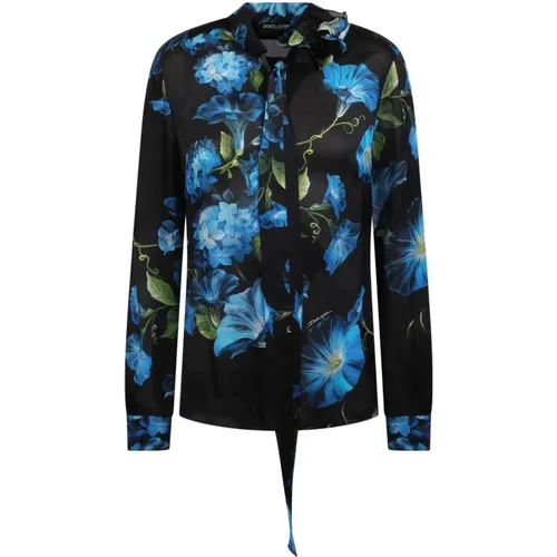 Flower-print silk shirt with faux-flower detailing , female, Sizes: L - Dolce & Gabbana - Modalova