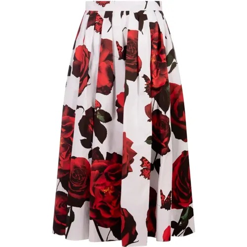 Pleated Midi Skirt Tudor Rose Print , female, Sizes: M, XS, S - alexander mcqueen - Modalova