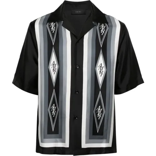 Black Silk Twill Bowling Shirt with Geometric Logo Prints , male, Sizes: L - Amiri - Modalova