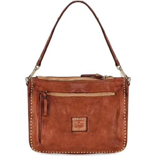 Cognac Leder Schultertasche mit Nieten - Campomaggi - Modalova