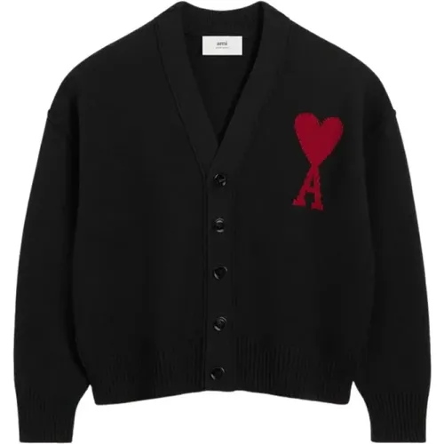 Felted Merino Wool Cardigan with Red Ami de Coeur , male, Sizes: S, L - Ami Paris - Modalova