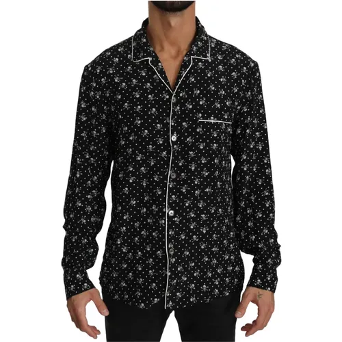 Skull Print Silk Sleepwear Shirt , male, Sizes: M - Dolce & Gabbana - Modalova