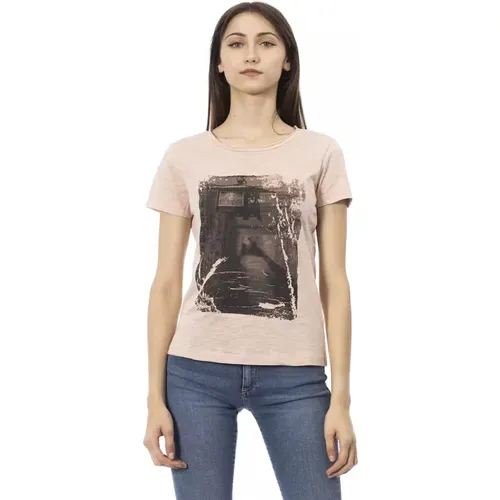 Rosa Baumwoll T-Shirt mit Kurzen Ärmeln und Frontdruck , Damen, Größe: L - Trussardi - Modalova
