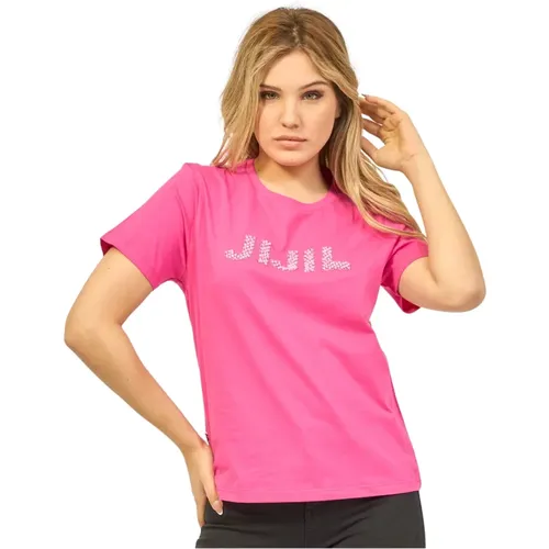 Fuchsia Cotton Round Neck T-shirt with Rhinestone Logo , female, Sizes: XL, XS, S, 2XS, L, M - Jijil - Modalova