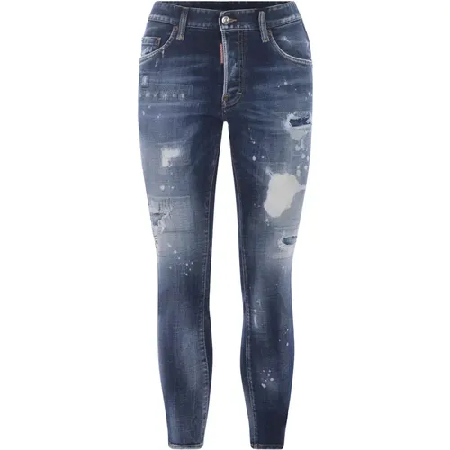 Dunkelblaue Skinny Jeans mit Farbspritzern und Abnutzungsdetails - Dsquared2 - Modalova