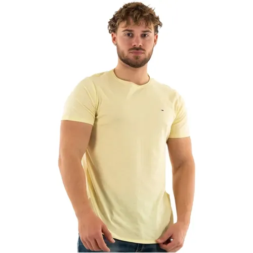 Besticktes Logo Enges T-Shirt - Gelb , Herren, Größe: L - Tommy Jeans - Modalova