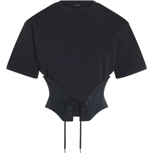 Schwarzes Baumwoll-T-Shirt mit Korsettdetails - Mugler - Modalova