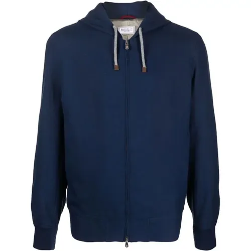 Navy Zip-Up Hooded Jacket , male, Sizes: M - BRUNELLO CUCINELLI - Modalova