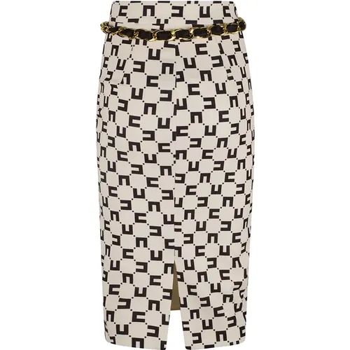 Cream White Black Stretch-Jersey Midi Skirt , female, Sizes: XS, S, L - Elisabetta Franchi - Modalova