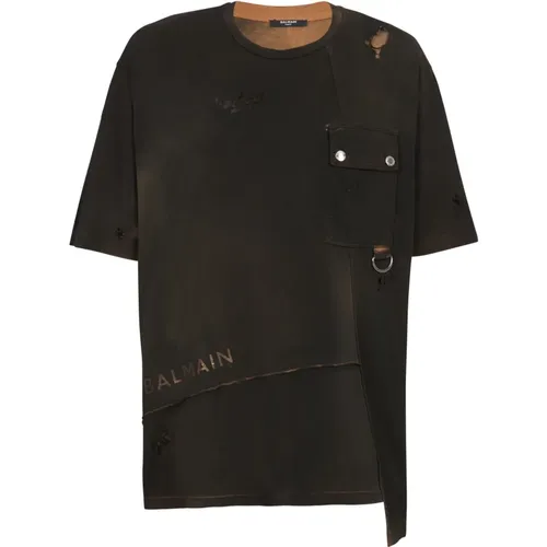 Asymmetrisches Destroy Washout T-Shirt , Herren, Größe: L - Balmain - Modalova