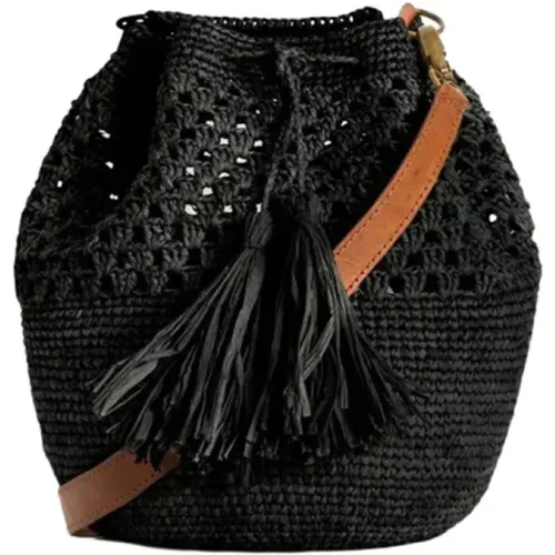 Natural Raffia Bucket Bag with Leather Strap , female, Sizes: ONE SIZE - Ibeliv - Modalova