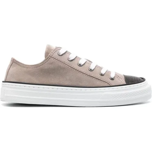 Low-Top Suede Sneakers with Embroidered Monile Detail , female, Sizes: 7 UK - BRUNELLO CUCINELLI - Modalova