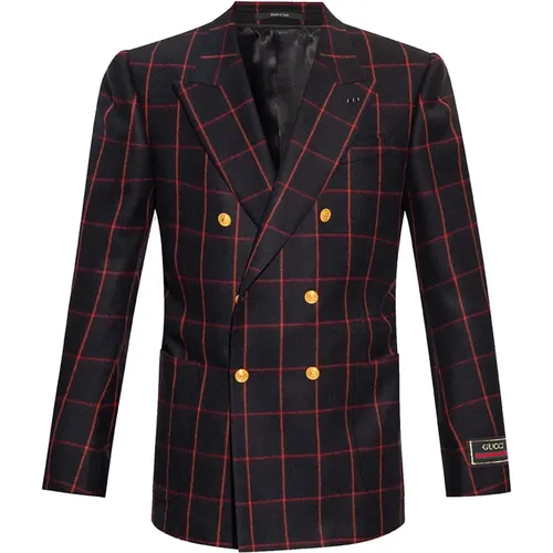 Schwarzer Wollflanell Doppelreihiger Blazer - Gucci - Modalova