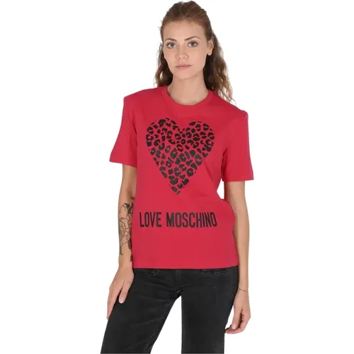 Rotes Baumwoll-T-Shirt , Damen, Größe: 2XS - Love Moschino - Modalova