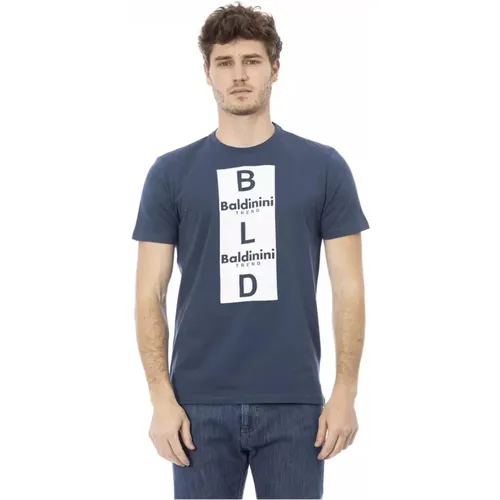 Blaues Baumwoll-T-Shirt mit Stilvollem Frontdruck , Herren, Größe: S - Baldinini - Modalova