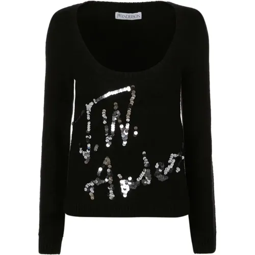 Pailletten Logo Wollpullover Schwarz - JW Anderson - Modalova