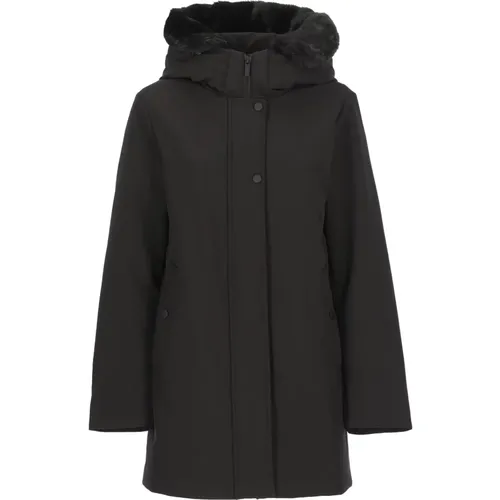 Schwarzer Parka mit Kunstpelzkapuze , Damen, Größe: M - Woolrich - Modalova