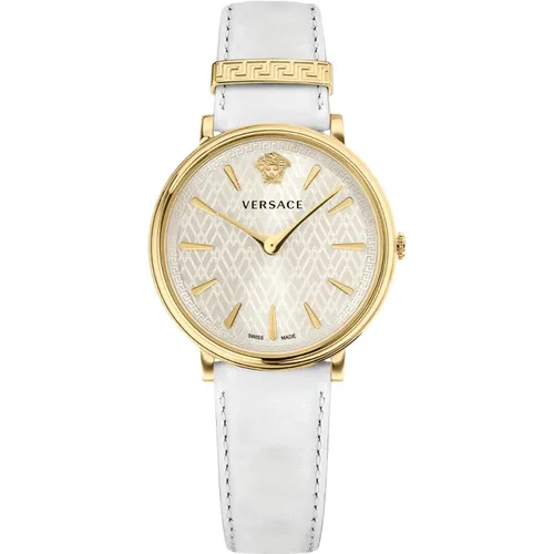 White Dial Leather Gold Steel Watch , female, Sizes: ONE SIZE - Versace - Modalova