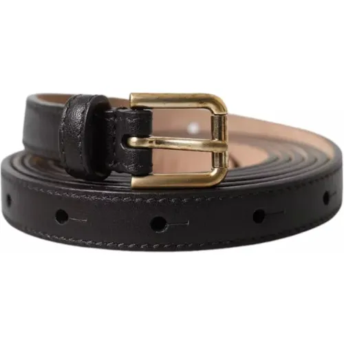 Dark Leather Belt with Golden Buckle for Women , male, Sizes: 145 CM - Dolce & Gabbana - Modalova