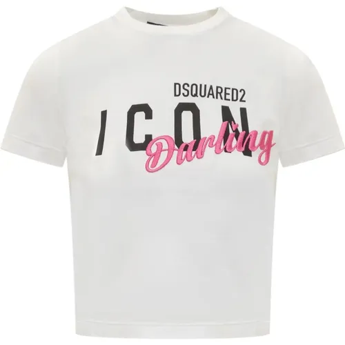 Weißes T-Shirt mit Bestickter Schrift , Damen, Größe: L - Dsquared2 - Modalova
