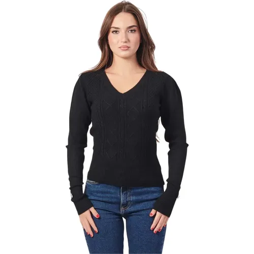 Schwarzer V-Ausschnitt Pullover mit bestickter Vorderseite , Damen, Größe: XS - Fracomina - Modalova