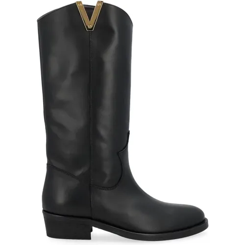 Leather Texano Boots with Golden V , female, Sizes: 3 UK - Via Roma 15 - Modalova