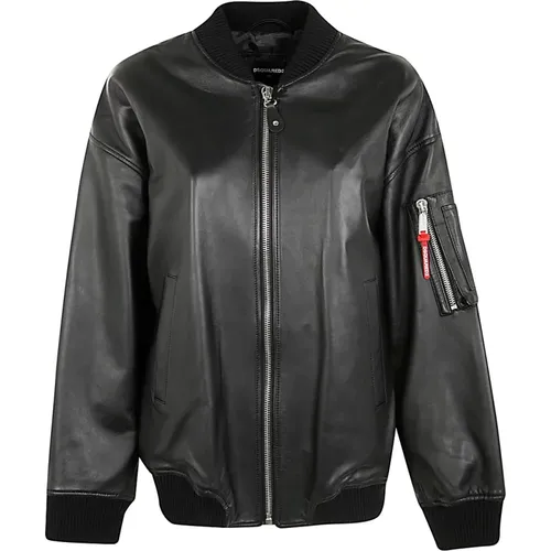 Schwarze Leder Oversize Bomberjacke - Dsquared2 - Modalova