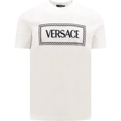 Weißes Rippstrick-Crewneck-T-Shirt mit Logo-Stickerei , Herren, Größe: M - Versace - Modalova