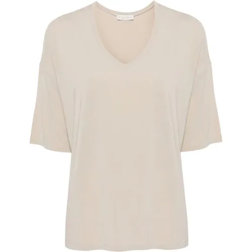 Beiger V-Ausschnitt T-Shirt mit überschnittenen Schultern , Damen, Größe: L - Le Tricot Perugia - Modalova