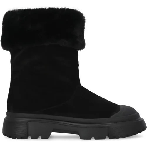 Schwarze Wildlederstiefel mit Eco-Fur Details,Schwarze Pelzige Stiefeletten Slip-On - Hogan - Modalova