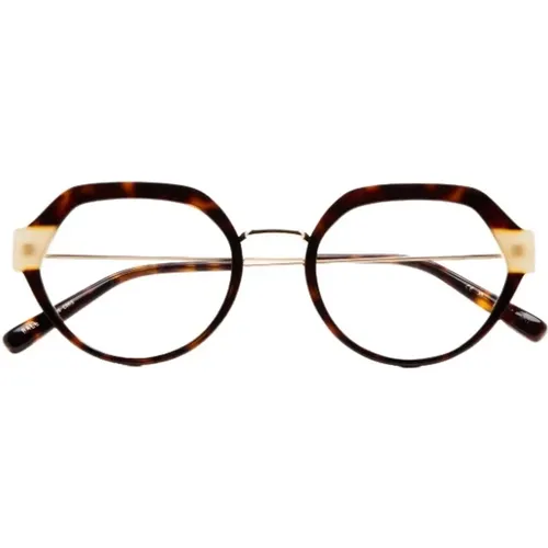 Oval-shaped glasses with transparent acetate front and havana laminate or tortoiseshell with beige insert. Handmade eyewear collection with stainless - Kaleos - Modalova